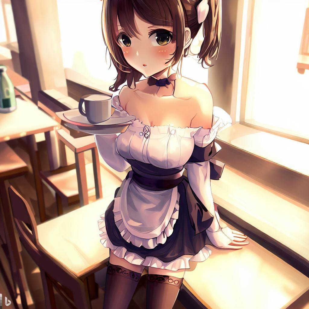 テーブルにコーヒーを置くメイド服の女の子2