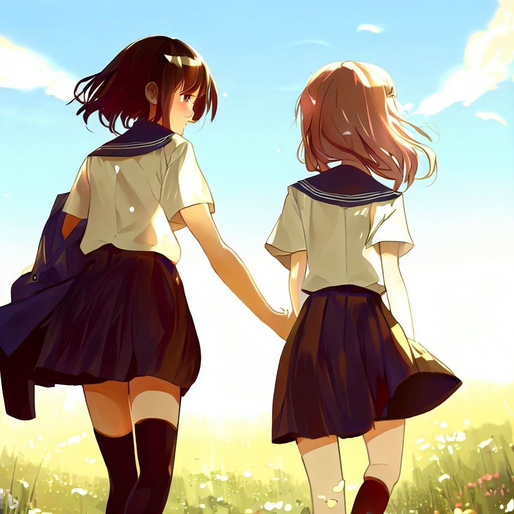 二人で草原を歩く女子高生
