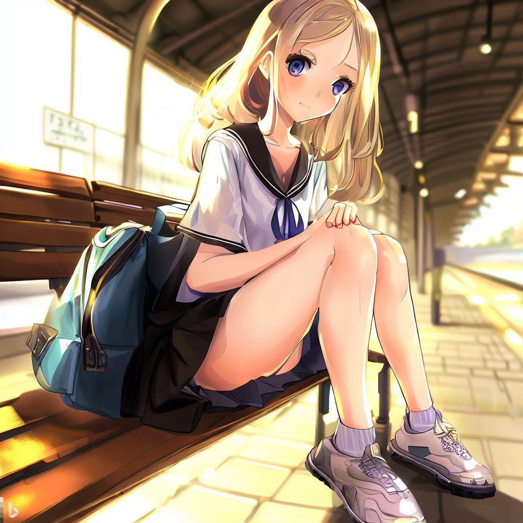 駅のホームで電車を待つ女子高生2