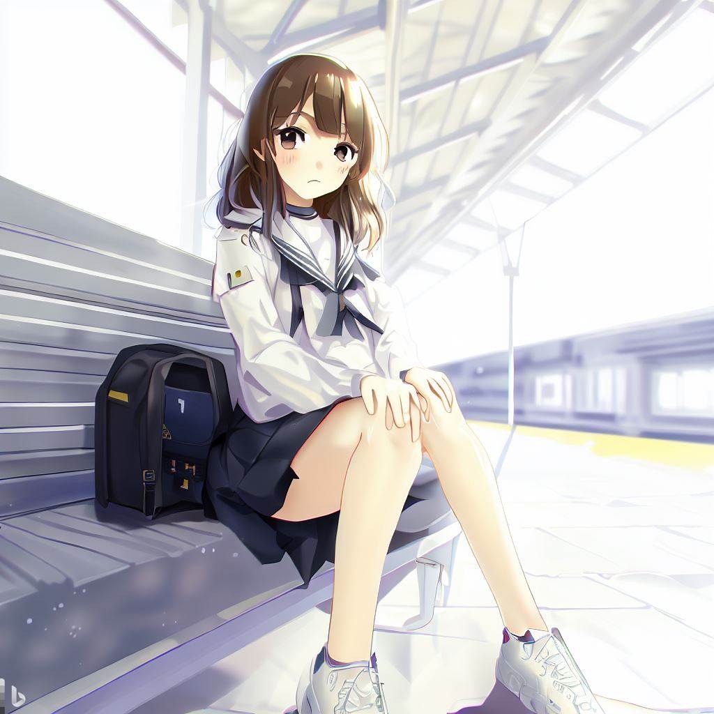 駅のホームで電車を待つ女子高生4